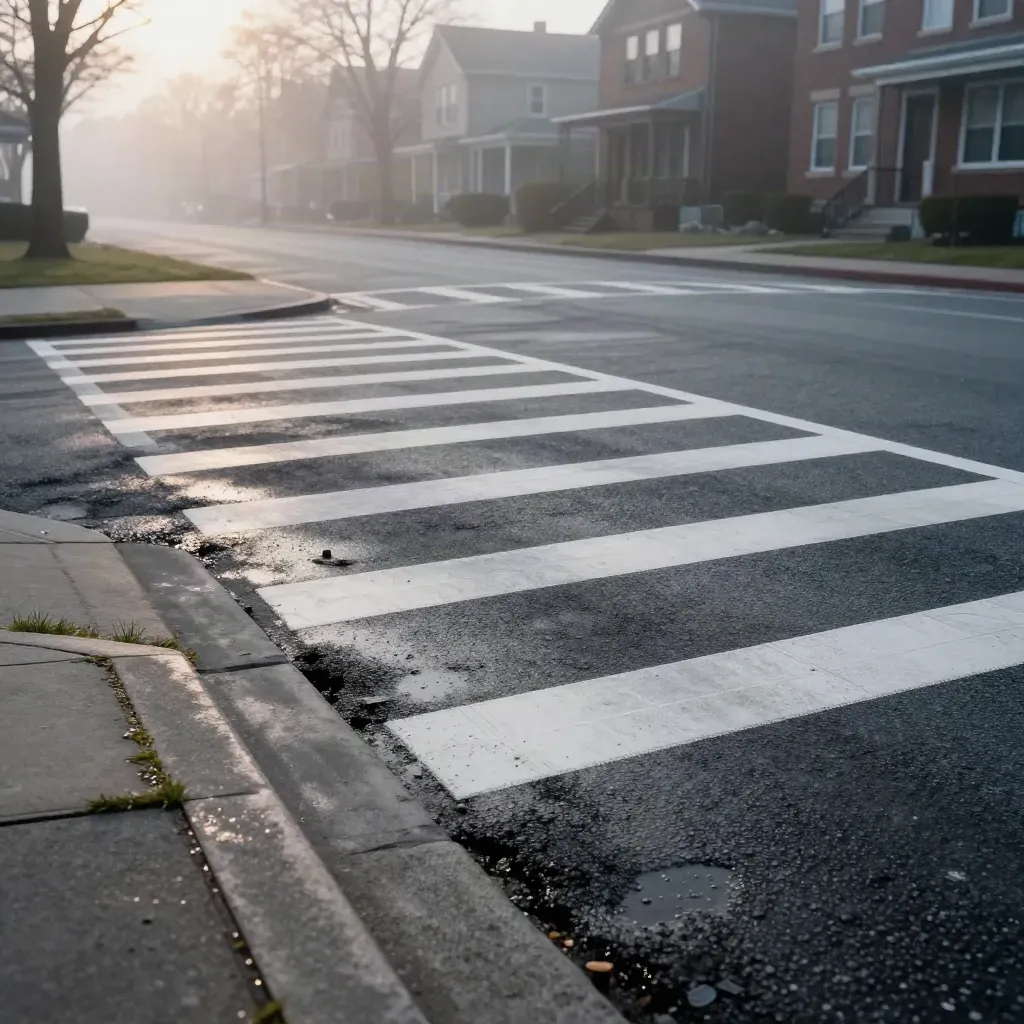 Foggy raised crosswalk with curb bulbs, refuge island, and fresh lane markings at dawn.