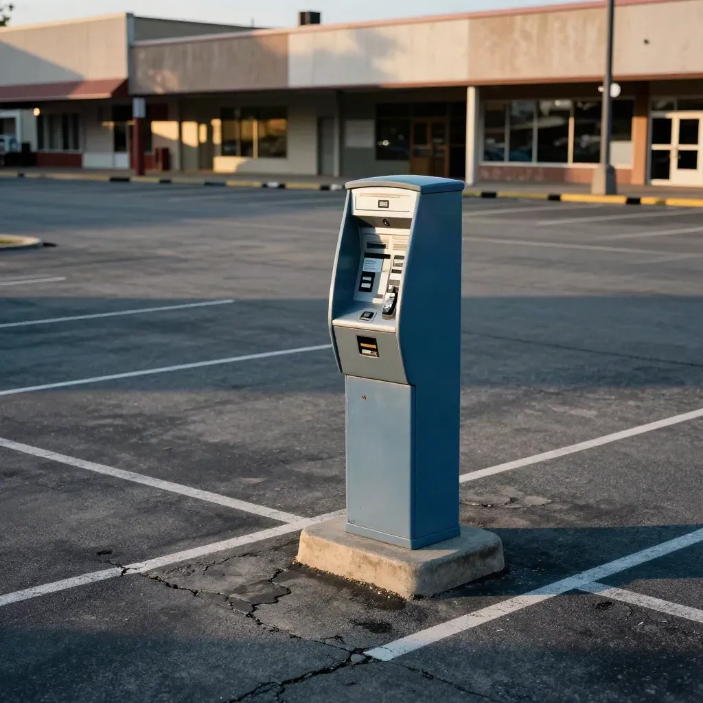 Almost empty downtown parking lot with a turned kiosk and cracked asphalt