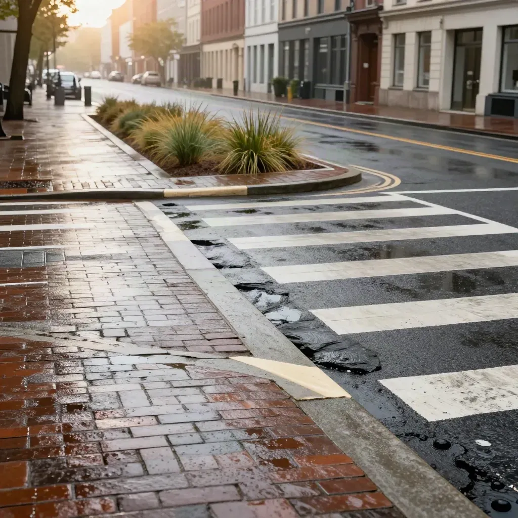 Rainy brick crosswalk with curb extensions and a planted refuge island at a safer street corner.