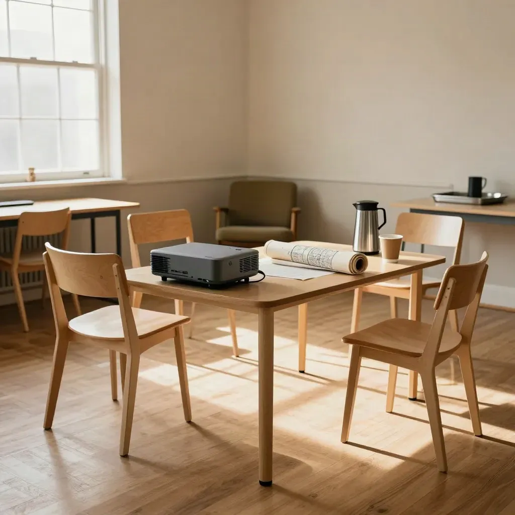 Morning-lit community workshop room with chairs, maps, coffee setup, and projector
