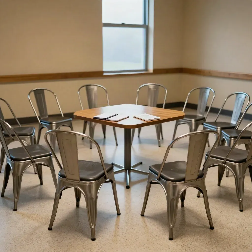Low-angle view of empty folding chairs circling a table with notebooks and a chapter kit.