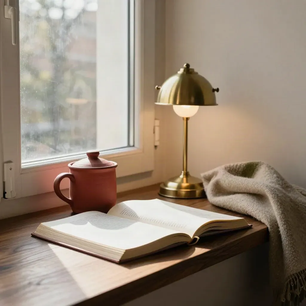 Reading nook with a red mug, essay stack, and lamp by a sunlit window.