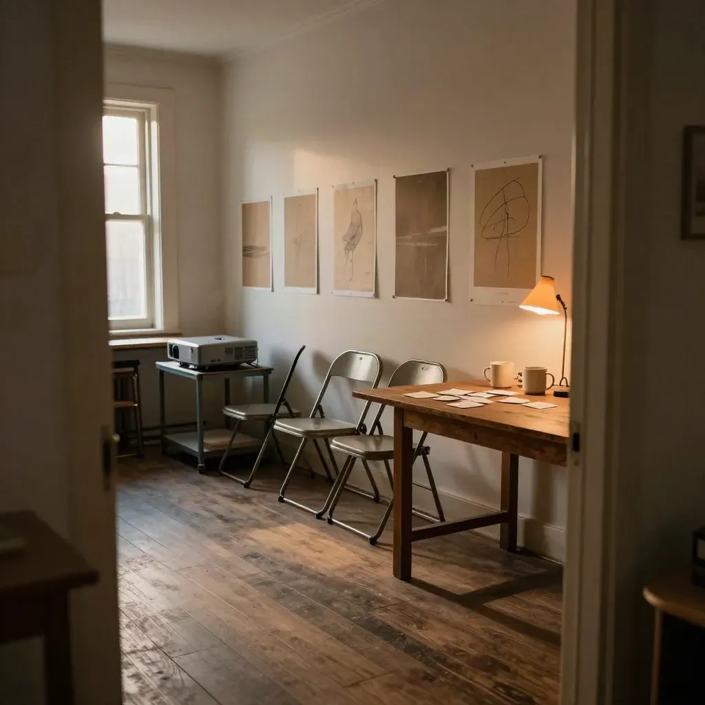 Workshop room set for a community class, with folded chairs, projector, posters, mugs, and evening light.